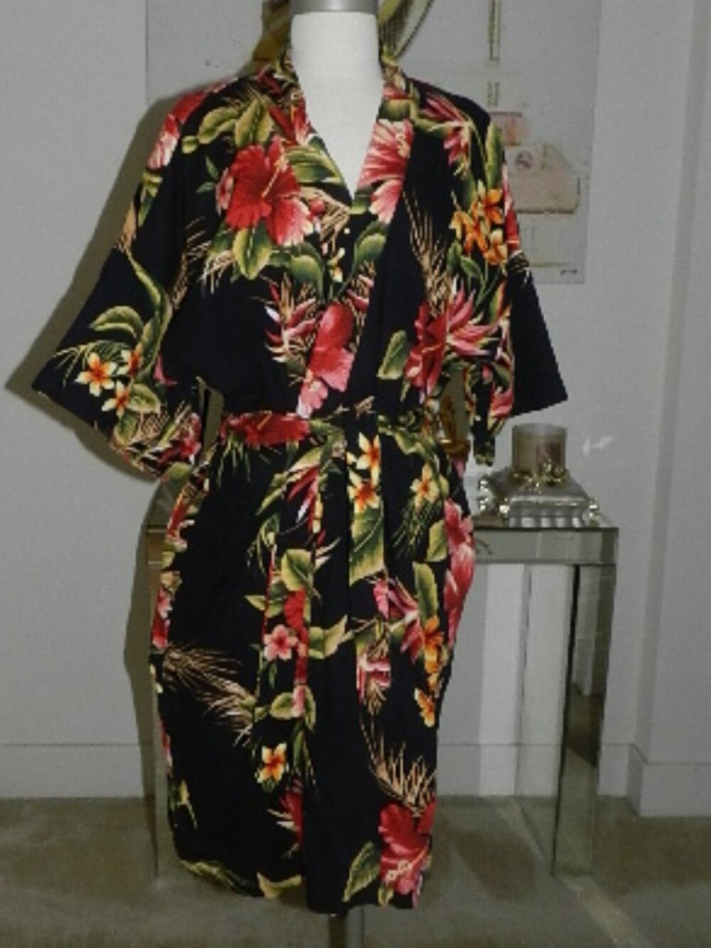 Vintage Black Floral Tropical Kimono Style Cotton Robe Hawaiian Nights Size L